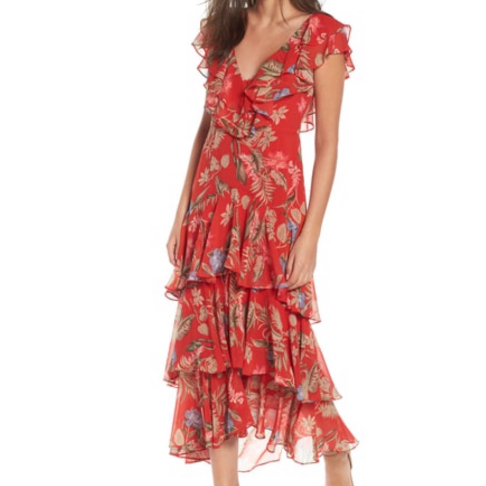 WAYF revolve Red Chelsea Floral Ruffle Dress - XS F